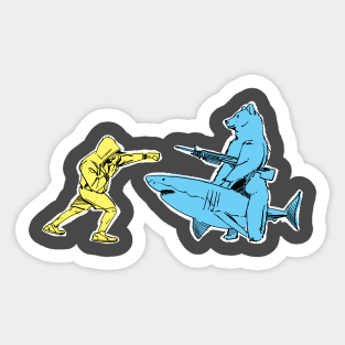 Man vs Bear who has a machine gun who rides a Shark Sticker